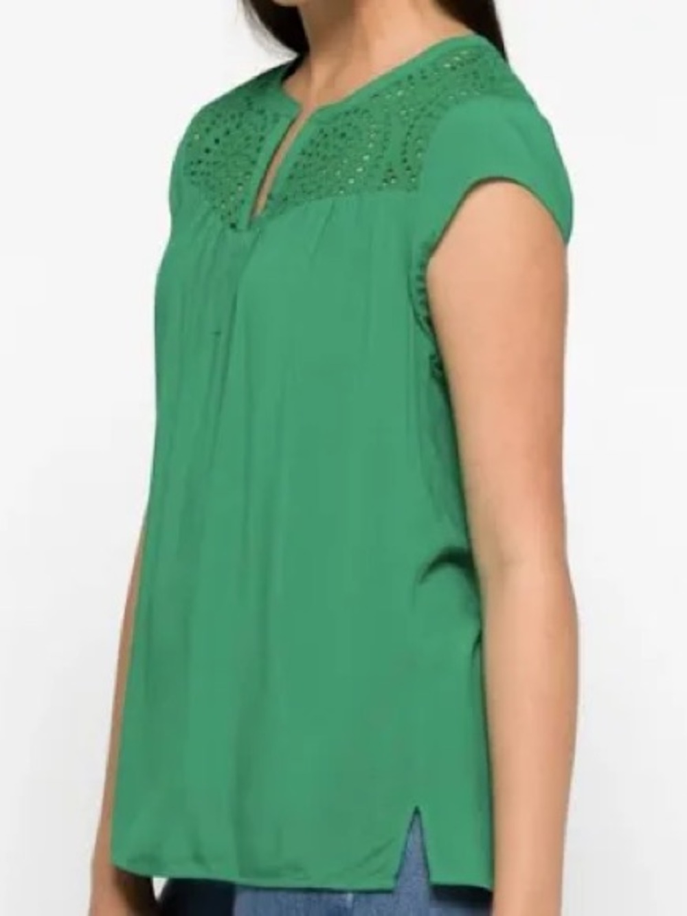 Daniel Rainn Emerald Green Crochet Yoke Cap-Sleeve Top